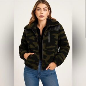 Generation Love Olive Green and Black Camo Sherpa Bomber Jacket